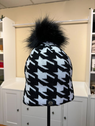 Faux Fur Pom Hat in Black and White Check