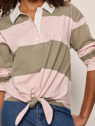 Rugby Tie Front Shirt in Pink/Olive Stripe