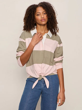 Rugby Tie Front Shirt in Pink/Olive Stripe