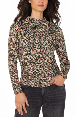 Longsleeve Pleated Mock Neck Top in Multi Geo Ikat
