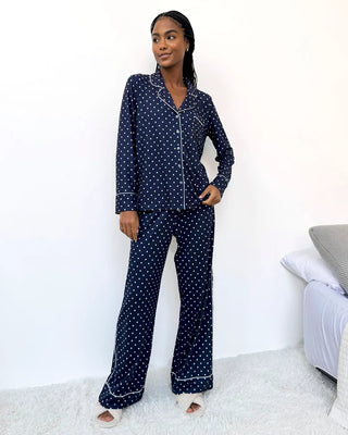 Flora Pillow Soft PJ Set in Blue & White Polka Dots