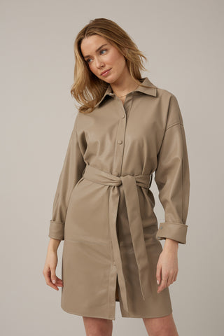 Vegan Leather Belted Dress in Taupe