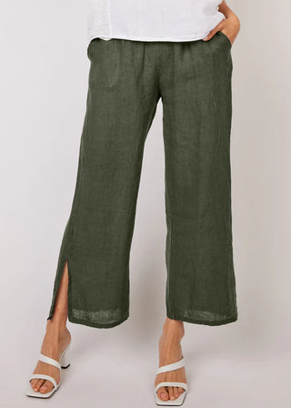 Linen Lounge Pants with Side Slits in Safari