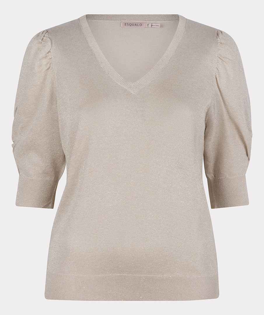 Gathered Sleeve V-Neck Sweater in Champagne