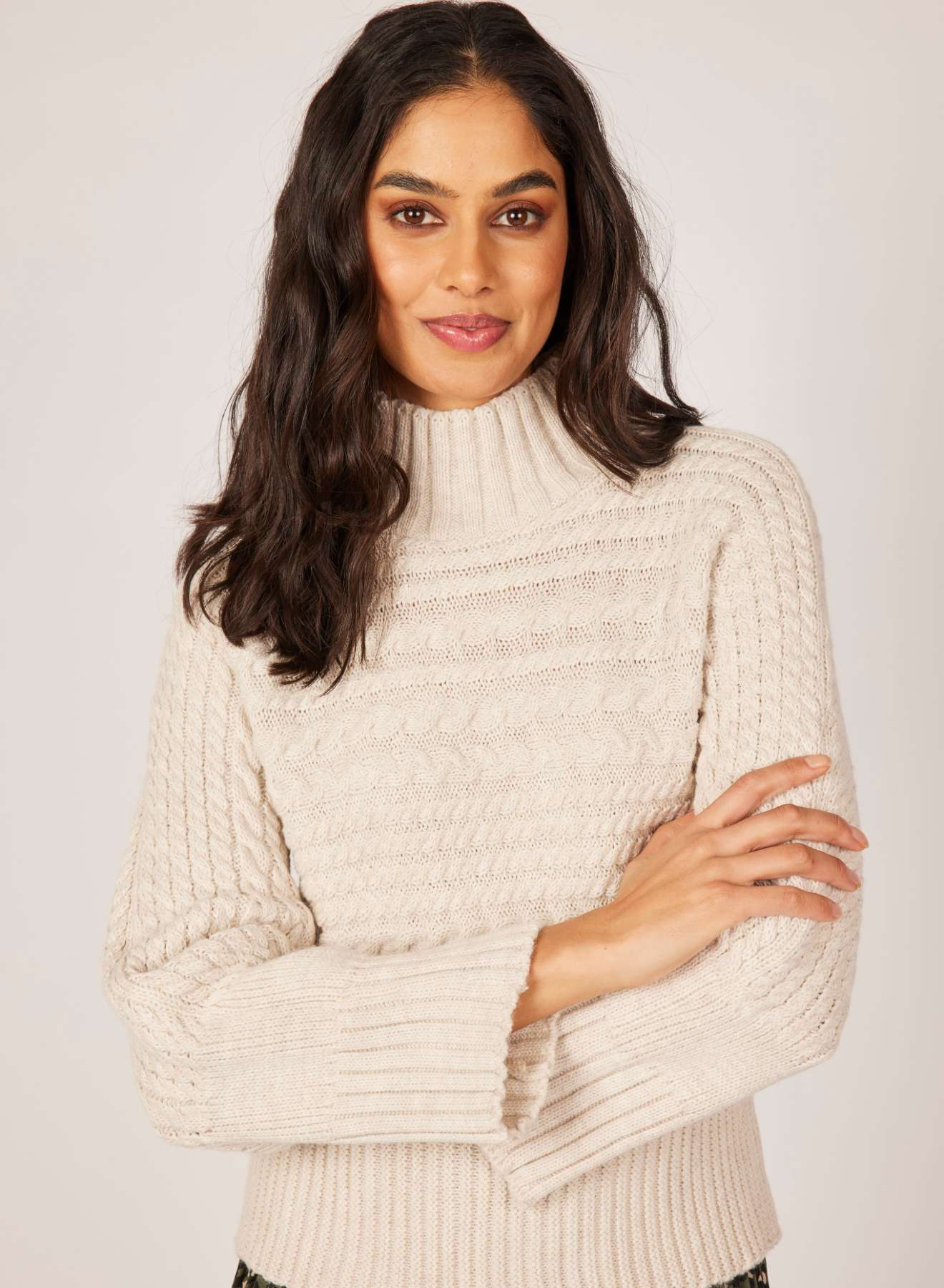 Cableknit and Ribbed Funnel Neck Sweater