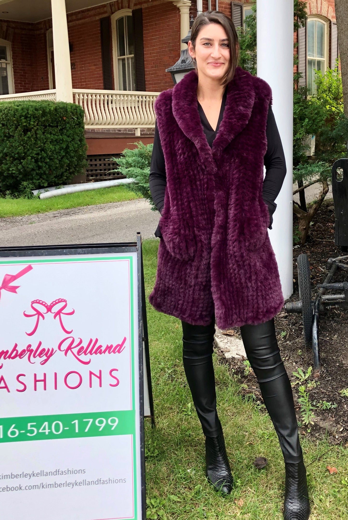 Knitted Faux Fur Vest, Long Ruby
