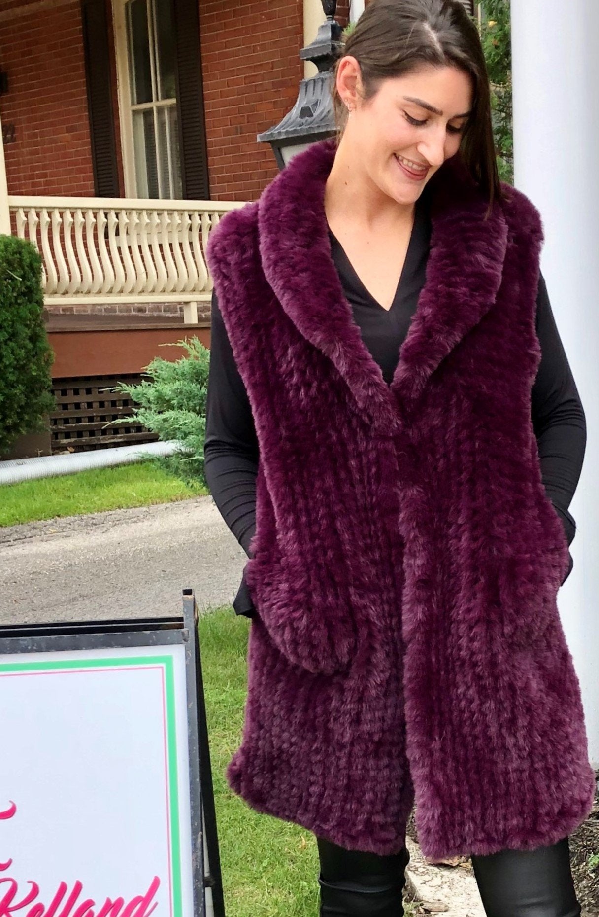 Knitted Faux Fur Vest, Long Ruby