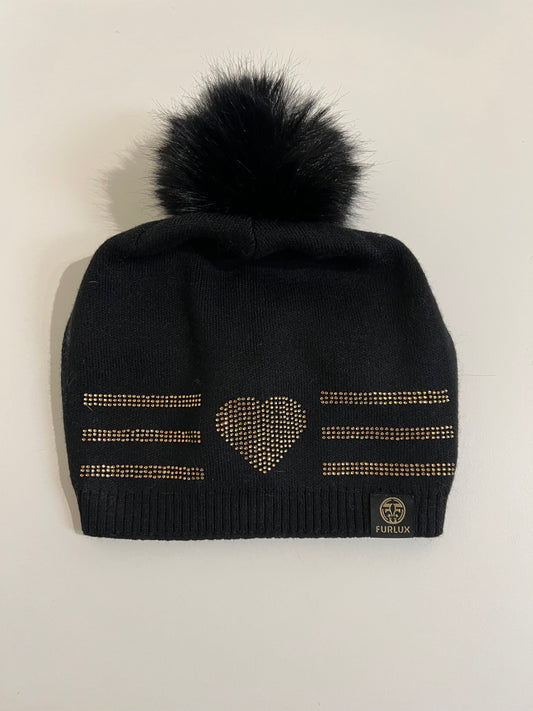 Black Pom Hat with Gold Heart