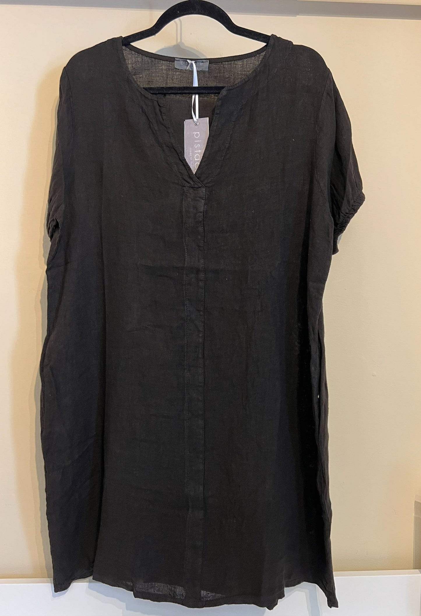 Linen Dress with Elastic Detail Sleeve in Black