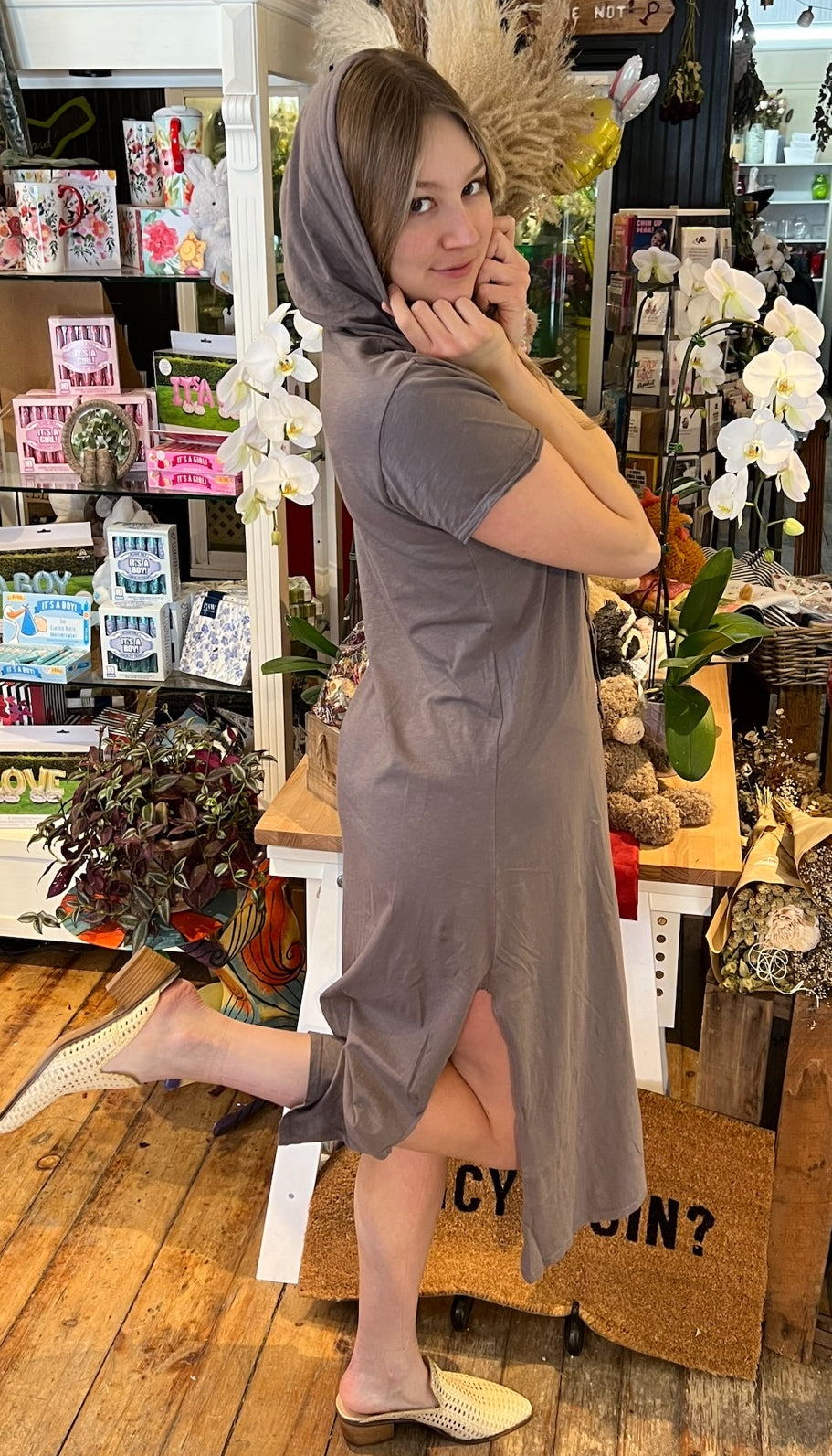Slub Cotton Long Hoodie Dress with Slit Sides in Taupe