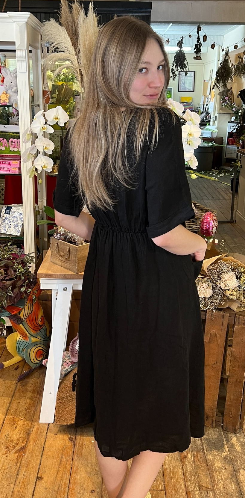 Button Down Linen Dress with Pockets in Black