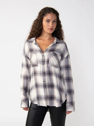 Slit Back Tunic Blouse in Faded Black Plaid