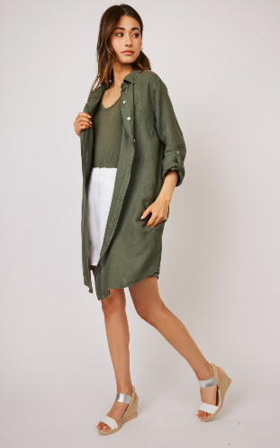 Button Down Linen Blouse Dress with Pockets in Safari