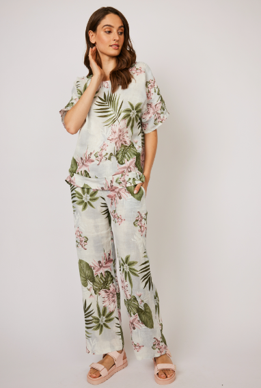 Linen Comfort Pant in Large Tropical Floral