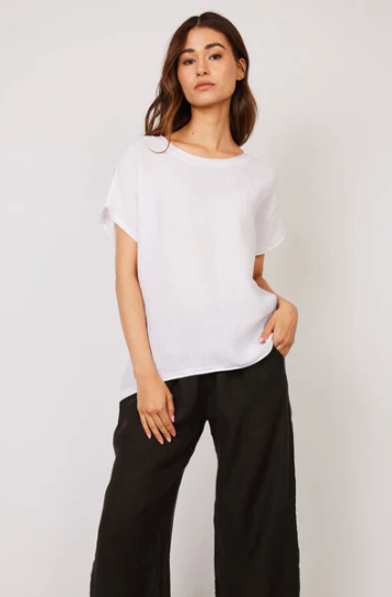 Linen Top with Raw Edge and Cotton Jersey Back in White