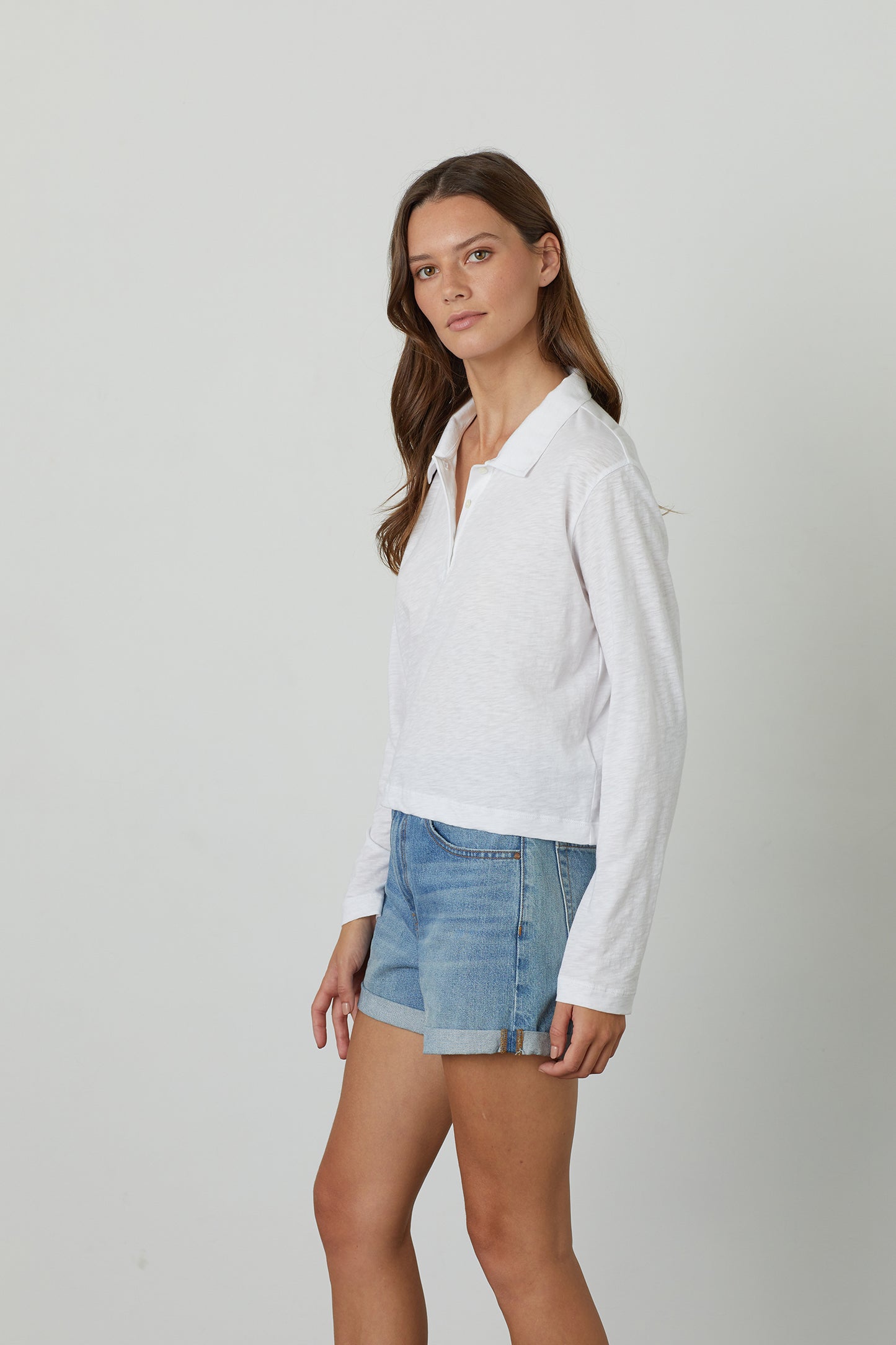 Marion Cotton Long Sleeve Collar Tee in white