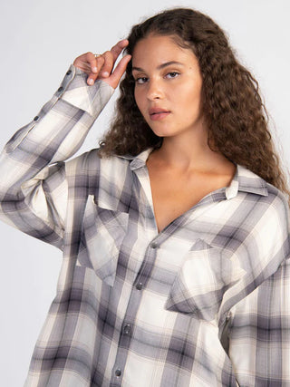Slit Back Tunic Blouse in Faded Black Plaid