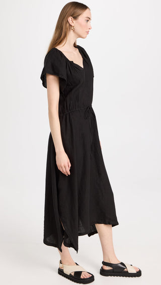 Debbie Woven Linen Flutter Sleeve Dress in Black