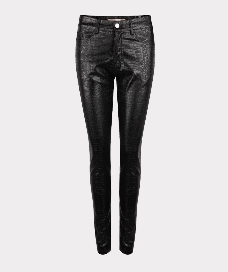 Printed faux leather jean style pant in black