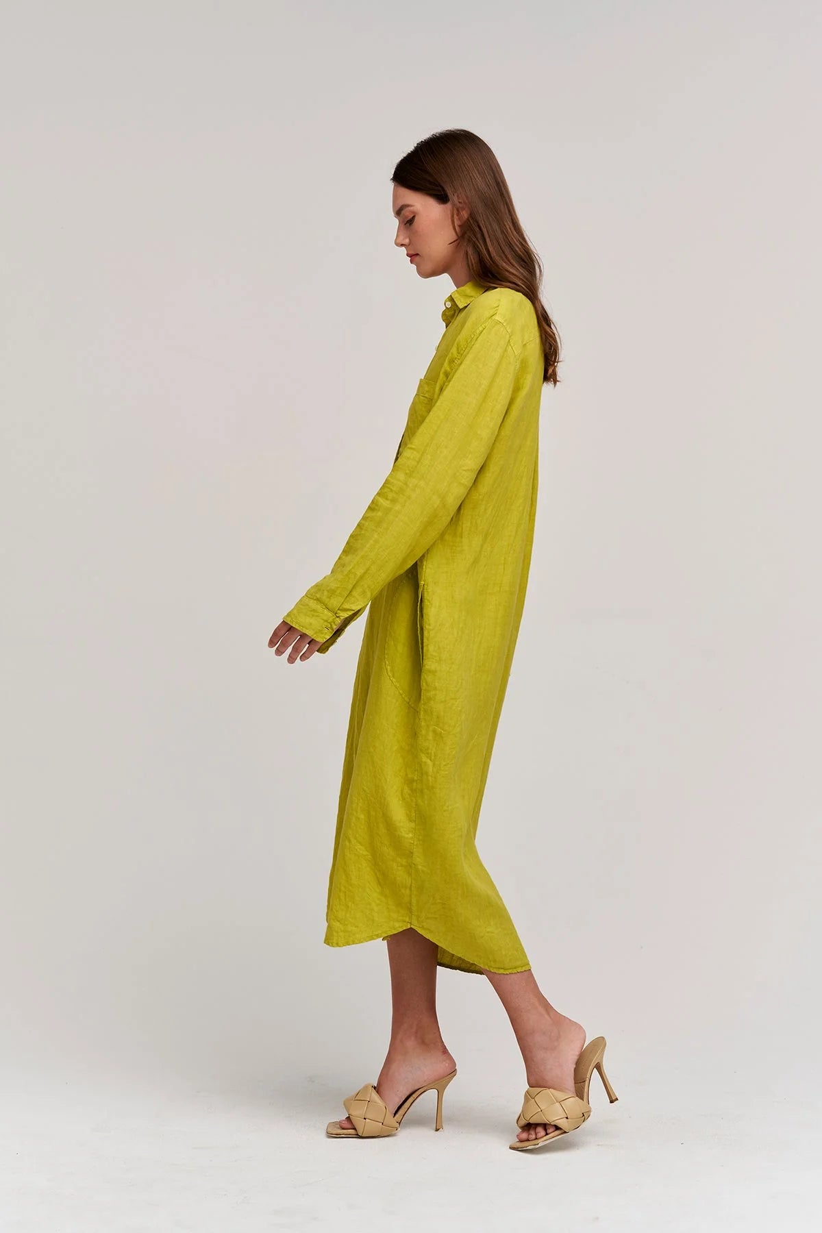 Jora Woven Linen Button-up Dress in Lemondrop